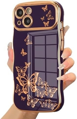 Cuerpo de teléfono para iPhone 13 para niñas, marco de onda rizada, patrón de mariposa con chapa de lujo, protector de lente a prueba de golpes de borde de oro TPU