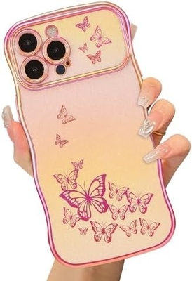 Cuerpo de teléfono para iPhone 13 para niñas, marco de onda rizada, patrón de mariposa con chapa de lujo, protector de lente a prueba de golpes de borde de oro TPU