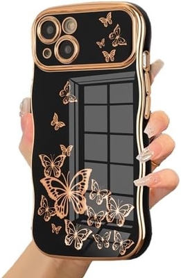 Cuerpo de teléfono para iPhone 13 para niñas, marco de onda rizada, patrón de mariposa con chapa de lujo, protector de lente a prueba de golpes de borde de oro TPU