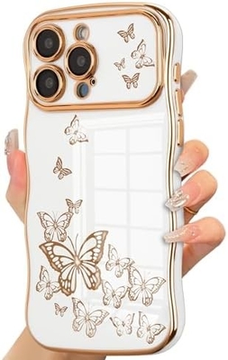 Cuerpo de teléfono para iPhone 13 para niñas, marco de onda rizada, patrón de mariposa con chapa de lujo, protector de lente a prueba de golpes de borde de oro TPU