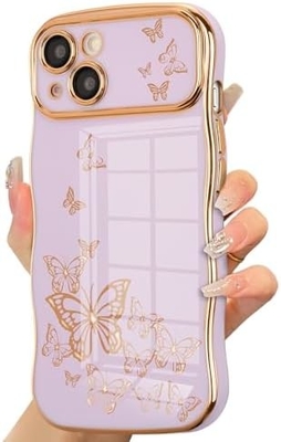 Cuerpo de teléfono para iPhone 13 para niñas, marco de onda rizada, patrón de mariposa con chapa de lujo, protector de lente a prueba de golpes de borde de oro TPU