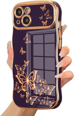 Cuerpo de teléfono para iPhone 13 para niñas, marco de onda rizada, patrón de mariposa con chapa de lujo, protector de lente a prueba de golpes de borde de oro TPU