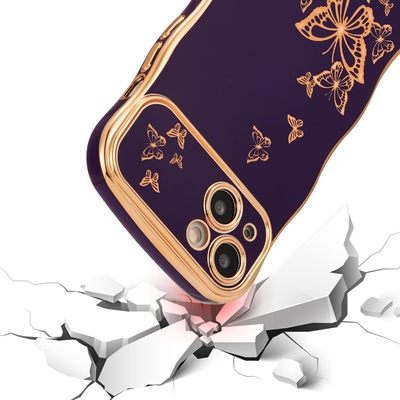 Cuerpo de teléfono para iPhone 13 para niñas, marco de onda rizada, patrón de mariposa con chapa de lujo, protector de lente a prueba de golpes de borde de oro TPU