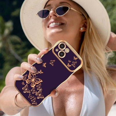Cuerpo de teléfono para iPhone 13 para niñas, marco de onda rizada, patrón de mariposa con chapa de lujo, protector de lente a prueba de golpes de borde de oro TPU
