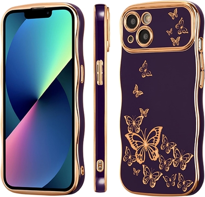 Cuerpo de teléfono para iPhone 13 para niñas, marco de onda rizada, patrón de mariposa con chapa de lujo, protector de lente a prueba de golpes de borde de oro TPU