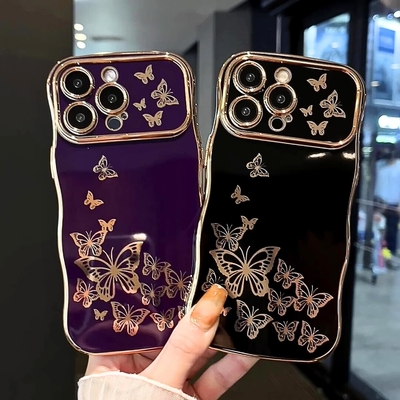 Cuerpo de teléfono para iPhone 13 para niñas, marco de onda rizada, patrón de mariposa con chapa de lujo, protector de lente a prueba de golpes de borde de oro TPU
