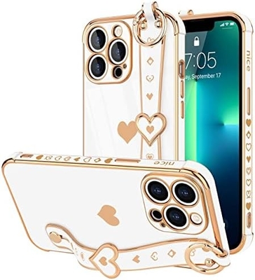 iPhone 12 Pro Cute Love-Heart Plating Strap Tapa de teléfono para mujeres Chicas Bling Lente de cámara de silicona Protección para parachoques