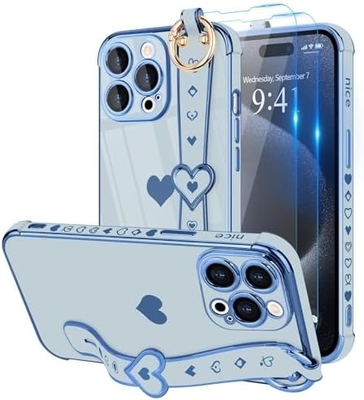 iPhone 12 Pro Cute Love-Heart Plating Strap Tapa de teléfono para mujeres Chicas Bling Lente de cámara de silicona Protección para parachoques