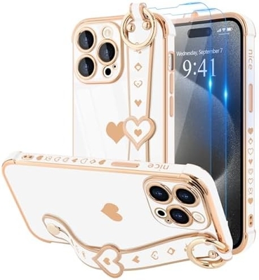 iPhone 12 Pro Cute Love-Heart Plating Strap Tapa de teléfono para mujeres Chicas Bling Lente de cámara de silicona Protección para parachoques