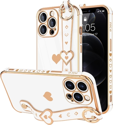 iPhone 12 Pro Cute Love-Heart Plating Strap Tapa de teléfono para mujeres Chicas Bling Lente de cámara de silicona Protección para parachoques