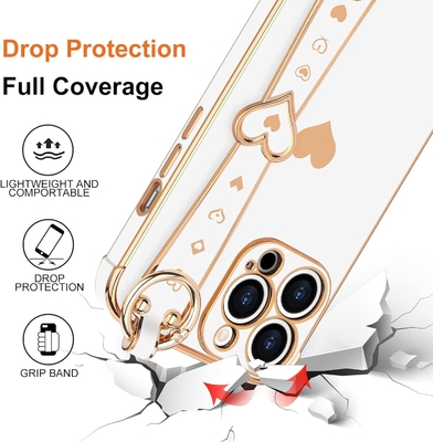 iPhone 12 Pro Cute Love-Heart Plating Strap Tapa de teléfono para mujeres Chicas Bling Lente de cámara de silicona Protección para parachoques