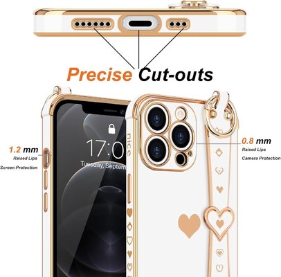 iPhone 12 Pro Cute Love-Heart Plating Strap Tapa de teléfono para mujeres Chicas Bling Lente de cámara de silicona Protección para parachoques