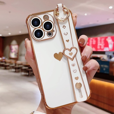 iPhone 12 Pro Cute Love-Heart Plating Strap Tapa de teléfono para mujeres Chicas Bling Lente de cámara de silicona Protección para parachoques
