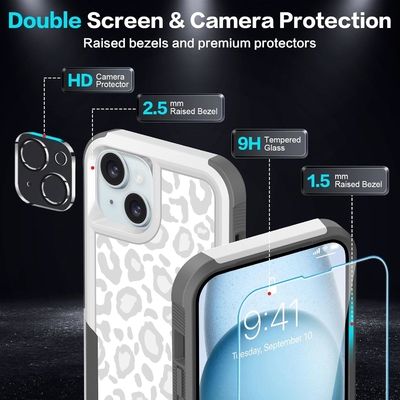[5 en 1 para el iPhone 15 Plus Casilla, con 2 paquetes de protector de pantalla + 2 paquetes de protector de lente de la cámara, de trabajo pesado resistente robusto