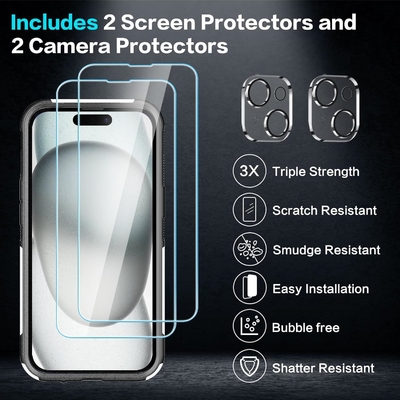 [5 en 1 para el iPhone 15 Plus Casilla, con 2 paquetes de protector de pantalla + 2 paquetes de protector de lente de la cámara, de trabajo pesado resistente robusto