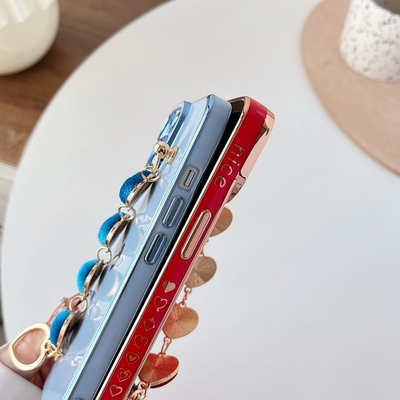 para el iPhone 12 Pro Max Caso,Cute Revestimiento Amor Corazón Muñeca Correa de la Cadena Brazalete Suave Compatible con