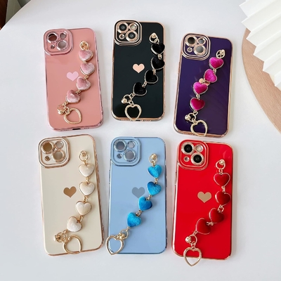para el iPhone 12 Pro Max Caso,Cute Revestimiento Amor Corazón Muñeca Correa de la Cadena Brazalete Suave Compatible con