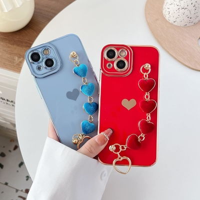 para el iPhone 12 Pro Max Caso,Cute Revestimiento Amor Corazón Muñeca Correa de la Cadena Brazalete Suave Compatible con