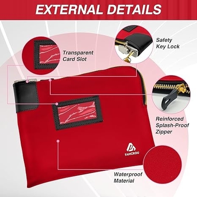 Bolso de efectivo a prueba de agua con cerradura y 2 llaves, bolso de dinero con cremallera, bolsos de seguridad para efectivo, bolso de depósito bancario de dinero duradero, bolso de documentos de nylon, bolso de monedas, bolso de billetera, bolso de efectivo pequeño, 11 x 9 pulgadas, rojo