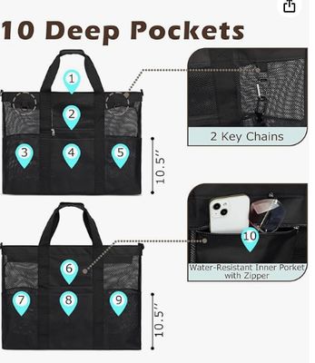 Bolsa de playa de malla metálica, bolsa de playa grande, con bolsillos con cremallera, adecuada para bolsas de piscina familiares, esencial para juguetes y vacaciones