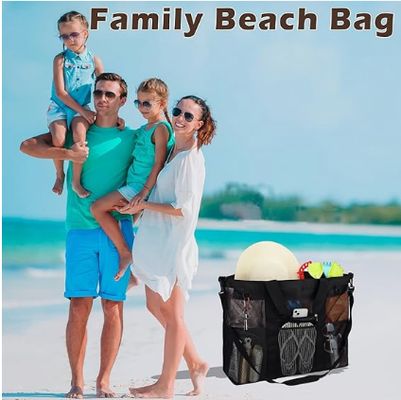 Bolsa de playa de malla metálica, bolsa de playa grande, con bolsillos con cremallera, adecuada para bolsas de piscina familiares, esencial para juguetes y vacaciones