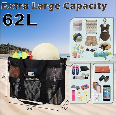 Bolsa de playa de malla metálica, bolsa de playa grande, con bolsillos con cremallera, adecuada para bolsas de piscina familiares, esencial para juguetes y vacaciones