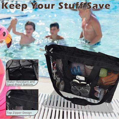 Bolsa de playa de malla metálica, bolsa de playa grande, con bolsillos con cremallera, adecuada para bolsas de piscina familiares, esencial para juguetes y vacaciones