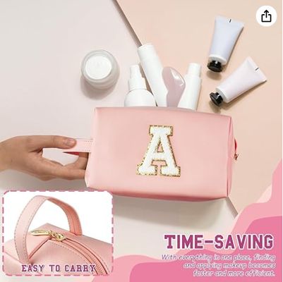 Bolsa de Maquillaje Inicial Personalizada con Asa, Neceser Preppy con Bolsillo Interior con Cremallera, para Niñas de 8 9 10 11 12 13 14 Años, Regalos de Graduación para Adolescentes, Mujeres y Maestras
