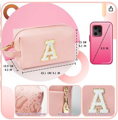 Bolsa de Maquillaje Inicial Personalizada con Asa, Neceser Preppy con Bolsillo Interior con Cremallera, para Niñas de 8 9 10 11 12 13 14 Años, Regalos de Graduación para Adolescentes, Mujeres y Maestras