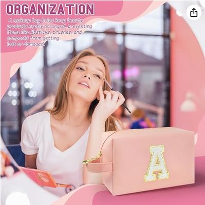 Bolsa de Maquillaje Inicial Personalizada con Asa, Neceser Preppy con Bolsillo Interior con Cremallera, para Niñas de 8 9 10 11 12 13 14 Años, Regalos de Graduación para Adolescentes, Mujeres y Maestras