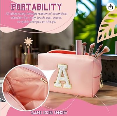 Bolsa de Maquillaje Inicial Personalizada con Asa, Neceser Preppy con Bolsillo Interior con Cremallera, para Niñas de 8 9 10 11 12 13 14 Años, Regalos de Graduación para Adolescentes, Mujeres y Maestras