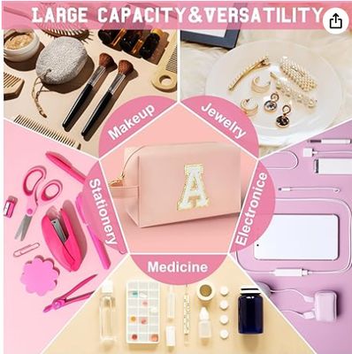 Bolsa de Maquillaje Inicial Personalizada con Asa, Neceser Preppy con Bolsillo Interior con Cremallera, para Niñas de 8 9 10 11 12 13 14 Años, Regalos de Graduación para Adolescentes, Mujeres y Maestras