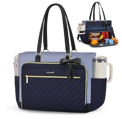 Bolso de comida para mujeres, bolso de comida aislado con compartimiento para computadoras portátiles, bolso de trabajo de gran capacidad con soporte para tazas, bolso aislado resistente al agua, a prueba de fugas para maestros, enfermeras, oficina, 15,6 pulgadas