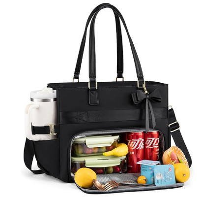Bolso de comida para mujeres, bolso de comida aislado con compartimiento para computadoras portátiles, bolso de trabajo de gran capacidad con soporte para tazas, bolso aislado resistente al agua, a prueba de fugas para maestros, enfermeras, oficina, 15,6 pulgadas