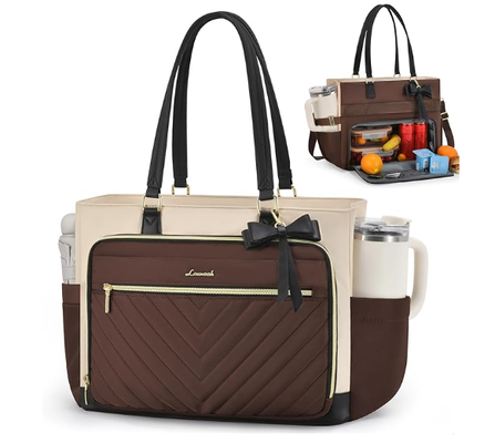 Bolso de comida para mujeres, bolso de comida aislado con compartimiento para computadoras portátiles, bolso de trabajo de gran capacidad con soporte para tazas, bolso aislado resistente al agua, a prueba de fugas para maestros, enfermeras, oficina, 15,6 pulgadas