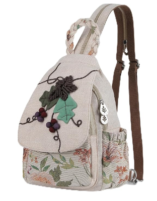 Bolso de mujer convertible, bolso artesanal de artesanía, hermoso lienzo Premium Mini mochila de día casual para mujeres (dos uvas)