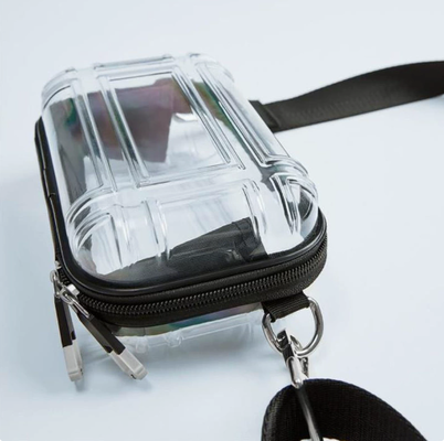 Mini bolsa de maquillaje de viaje transparente, bolsa de 7 pulgadas con un solo hombro, bolsa de viaje de cuerpo cruzado, bolsa de almacenamiento PC de cáscara dura, bolsa cuadrada pequeña de aviación