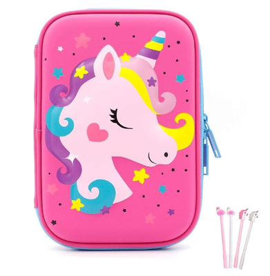 3D Cute EVA Unicorn Pen Bolso de Papelería Caja Antishock Gran capacidad Multi-compartimiento para la escuela con 4 bolígrafos de unicornio ;EVA cojines de concha suministros