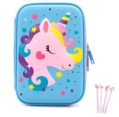 3D Cute EVA Unicorn Pen Bolso de Papelería Caja Antishock Gran capacidad Multi-compartimiento para la escuela con 4 bolígrafos de unicornio ;EVA cojines de concha suministros