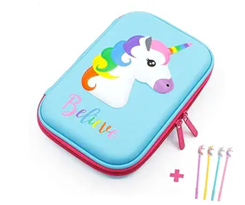 3D Cute EVA Unicorn Pen Bolso de Papelería Caja Antishock Gran capacidad Multi-compartimiento para la escuela con 4 bolígrafos de unicornio ;EVA cojines de concha suministros
