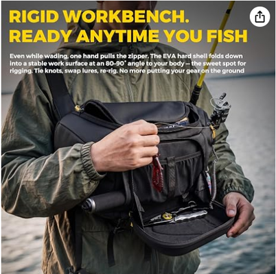 Mochila de pesca tipo bandolera, carcasa dura de EVA con estación de trabajo plegable, bolsa de aparejos convertible resistente al agua para uso frontal/trasero para 2 bandejas de 3600, para agua salada y dulce