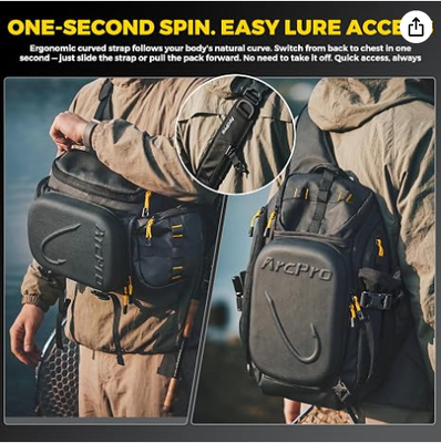 Mochila de pesca tipo bandolera, carcasa dura de EVA con estación de trabajo plegable, bolsa de aparejos convertible resistente al agua para uso frontal/trasero para 2 bandejas de 3600, para agua salada y dulce