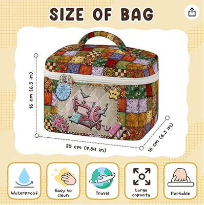 Neceser acolchado grande con estampado de costura vintage, estuche de viaje cosmético para mujer, organizador estético de patchwork para artículos de tocador con asa, brochas de cuidado de la piel, accesorios