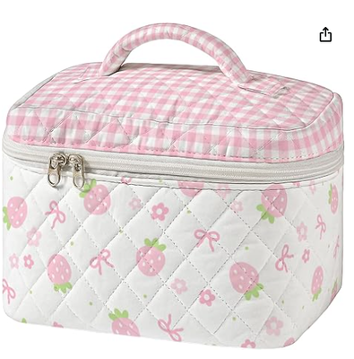 Neceser acolchado grande con estampado de costura vintage, estuche de viaje cosmético para mujer, organizador estético de patchwork para artículos de tocador con asa, brochas de cuidado de la piel, accesorios