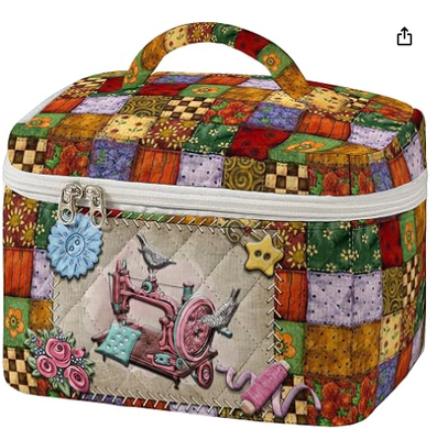 Neceser acolchado grande con estampado de costura vintage, estuche de viaje cosmético para mujer, organizador estético de patchwork para artículos de tocador con asa, brochas de cuidado de la piel, accesorios