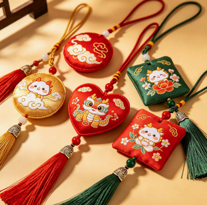 Saquitos de estilo chino, amuletos bordados, colgantes de la suerte, saquitos con borlas, regalos de festival, saquitos hechos a medida