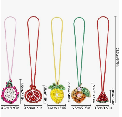 5PCS Colgante de Bolso con Cuentas de Parche, Colgantes de Frutas para Bolso de Verano, Llavero | Colgante de Bolso Pequeño, Pitahaya, Granada, Sandía, Naranja, Limón, Cuentas y Pedrería, Cosido a Mano