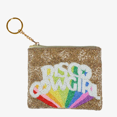 Compacto monedero con intrincado trabajo de abalorios, cierre superior de cremallera seguro y llavero dorado, ideal para guardar monedas y objetos pequeños