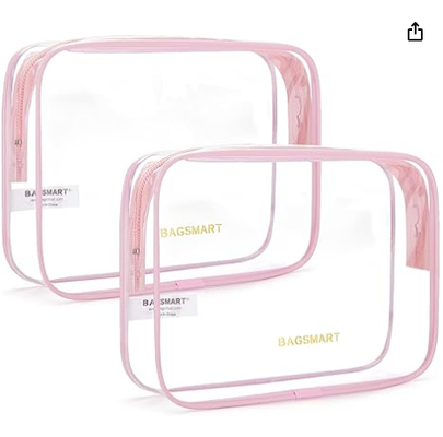 Bolso de aseo transparente con mango de 2 paquetes TSA aprobado, rosa. Bolso de aseo de viaje resistente al agua, bolso de accesorios de viaje, bolso de aerolíneas de tamaño cuarto, bolsas de mujeres, hombres, bolso de maquillaje.