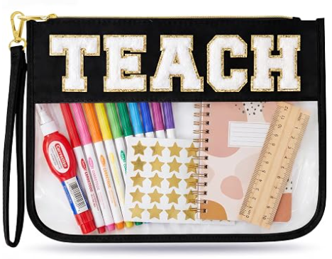 Bolsa de Maquillaje para Regalo de Agradecimiento a Maestros, Bolsa de Regalo de Graduación para Mujeres | Linda Bolsa Organizadora con Letras de Chenille TEACH. Perfectos Regalos de Fin de Año para Maestros, Neceser Transparente y Esenciales para Bolsas de Maestros